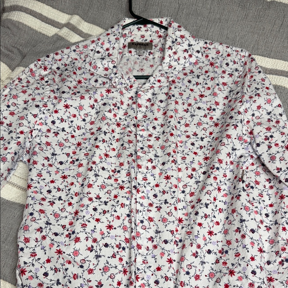 Express Floral Casual Button Down Shirt - Red and Blue on White